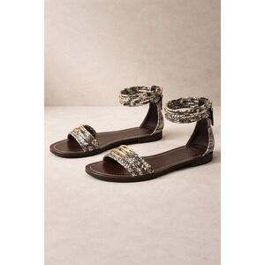 Tory Burch Snakeskin Embossed Leather Gold Boho Hardware Ankle Strap Sandals 6.5